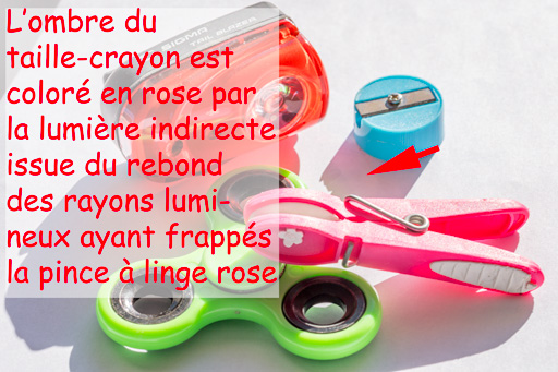 Illustration de la colorisation des ombres par la lumière indirecte. Illustration de la colorisation des ombres par la lumière indirecte.