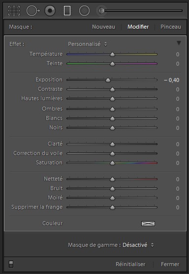Panneau de configuration de l'outil filtre dégradé de Lightroom Classic CC
