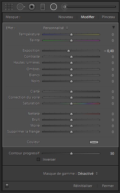 Panneau de configuration de l'outil filtre radial de Lightroom Classic CC