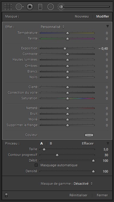 Panneau de configuration de l'outil pinceau de retouche de Lightroom Classic CC