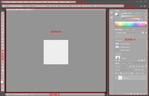 Représentation des différentes zones structurant l'interface de Photoshop. Représentation des différentes zones structurant l'interface de Photoshop.