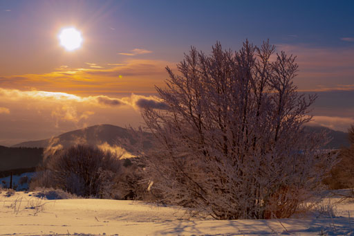 Ambiance magique d'un couché de soleil en hiver sur les hauteurs du Ballon d'Alsace