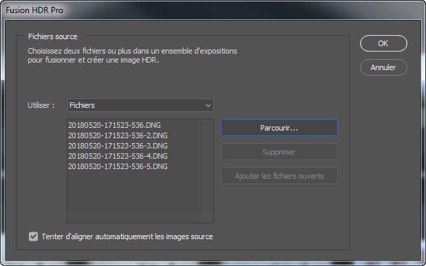 Interface du sélecteur de fichier du module Fusion HDR Pro de Photoshop.
