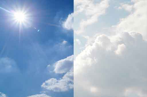 Illustration de 2 types de ciel différents; le 1er avec une lumière dur due au soleil, le 2ième une lumière adoucie par les nuages